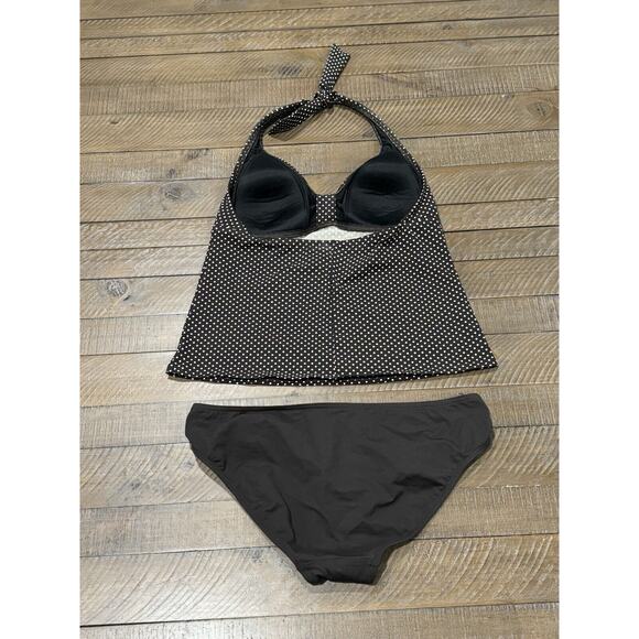 Lands End Halter Tankini Swim Suit Brown Polka Dot Tie Neck Solid Bottoms Size 8 - Picture 4 of 9